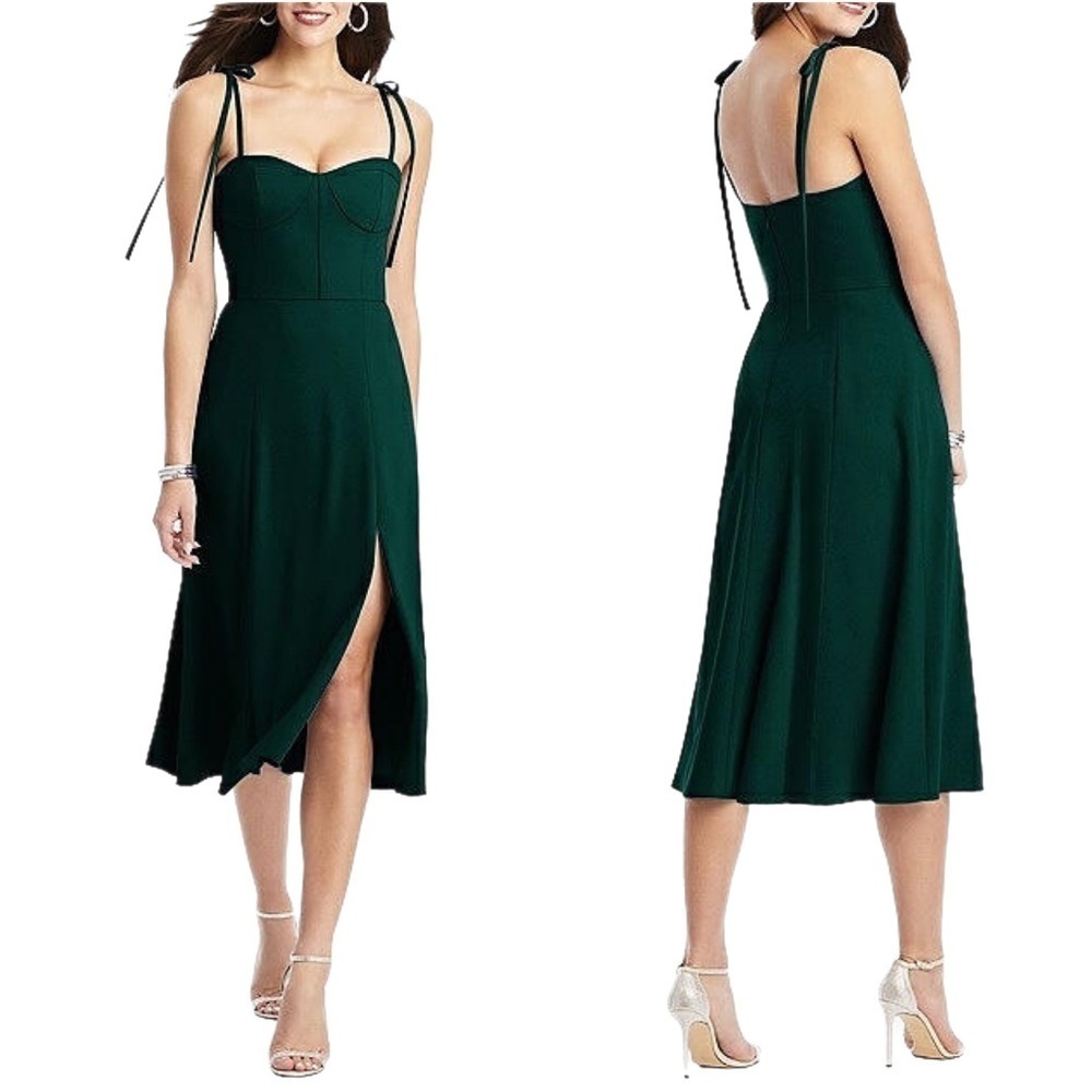 Dessy Collection Women's Bustier Crepe Midi Dress 3069 Adj Bow‎ Straps Green 6
